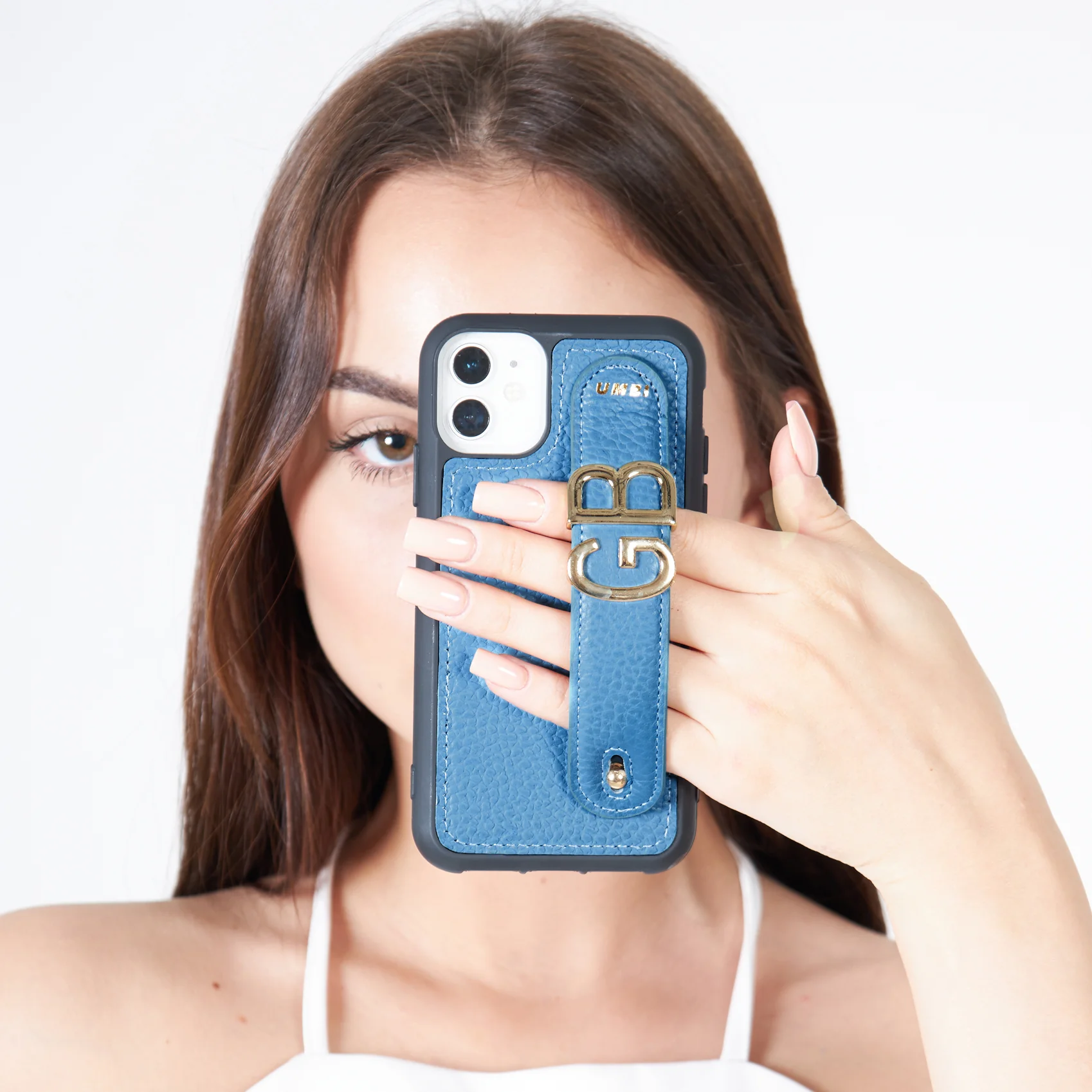 YOUZ. Personalized Leather iPhone Case - Blue/Gold - Image 5